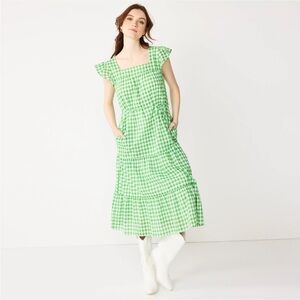 Draper James Medium Green and White Gingham Midi Prairie Tiered Dress